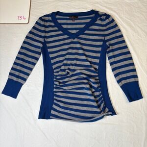 Takeout Striped V Neck Long Sleeve‎ Side Ruched Sweater Blue Gray Women's S Y2K